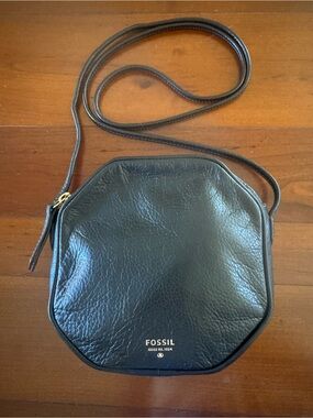 Fossil Black Octagonal Leather Crossbody Purse
